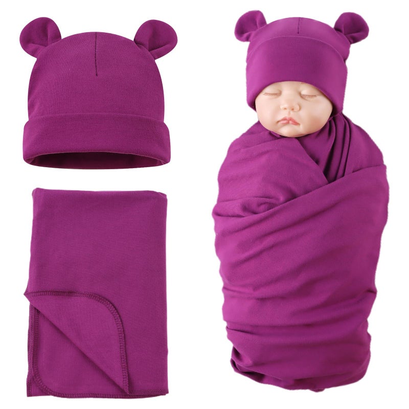 PESAAT Cotton Baby Swaddle Hat Set Newborn Infant Hats Receiving Blankets for Baby Boys Girls (0-6 Months, Deep Purple) - Image 1